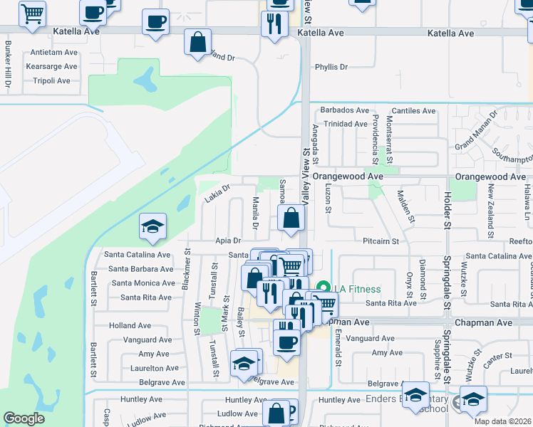 map of restaurants, bars, coffee shops, grocery stores, and more near 5906 Suva Street in Cypress