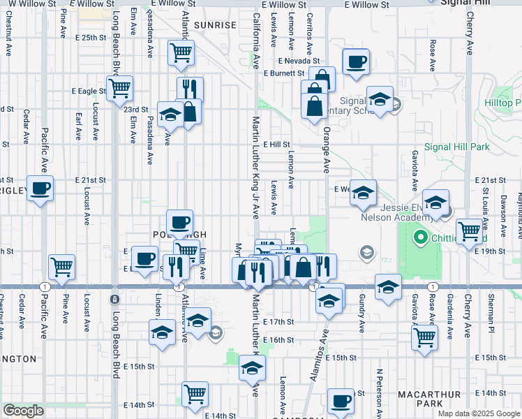 map of restaurants, bars, coffee shops, grocery stores, and more near 1003a East 20th Street in Long Beach