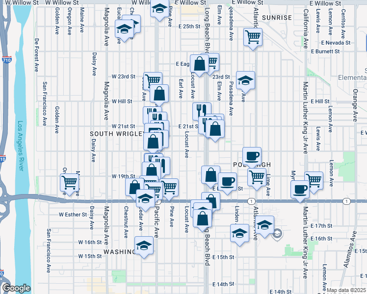 map of restaurants, bars, coffee shops, grocery stores, and more near 202 East 20th Street in Long Beach