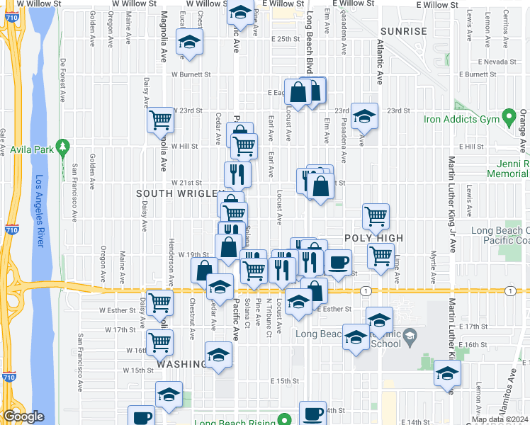 map of restaurants, bars, coffee shops, grocery stores, and more near 1977 Pine Avenue in Long Beach
