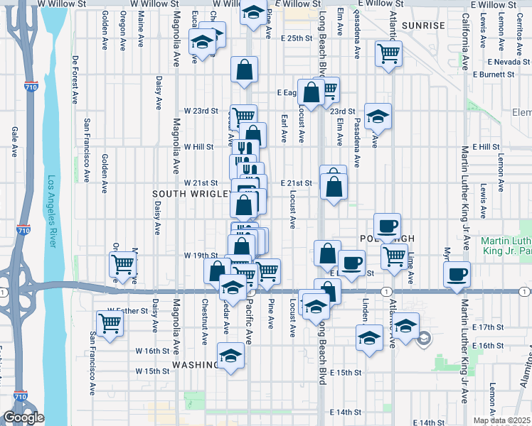 map of restaurants, bars, coffee shops, grocery stores, and more near 1977 Pine Avenue in Long Beach