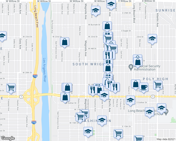 map of restaurants, bars, coffee shops, grocery stores, and more near 400 West 20th Street in Long Beach