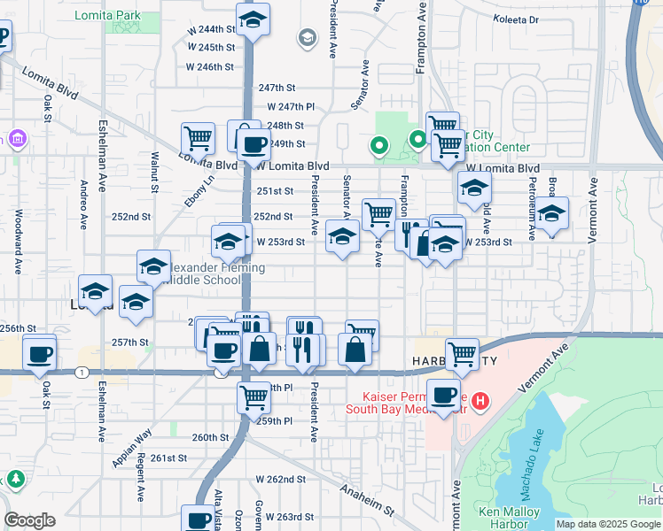 map of restaurants, bars, coffee shops, grocery stores, and more near 1508 254th Street in Los Angeles