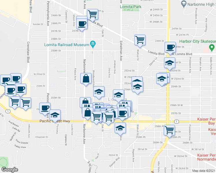 map of restaurants, bars, coffee shops, grocery stores, and more near 25400 Oak Street in Lomita