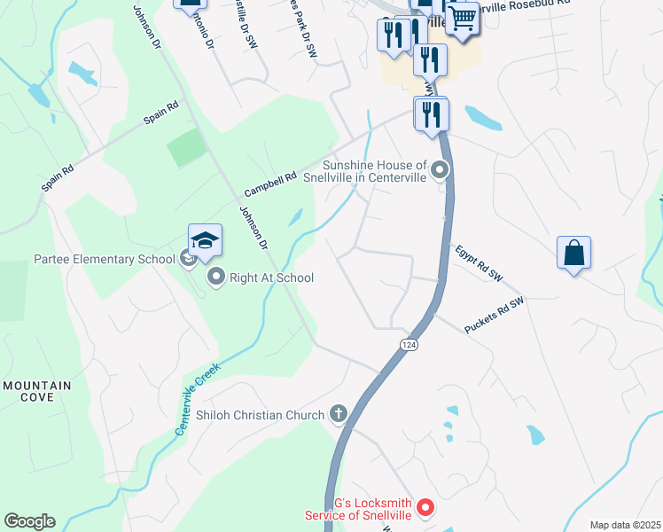 map of restaurants, bars, coffee shops, grocery stores, and more near 4270 Mountain Glen Trace in Snellville