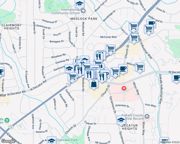 map of restaurants, bars, coffee shops, grocery stores, and more near in North Decatur