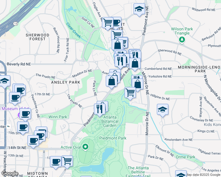 map of restaurants, bars, coffee shops, grocery stores, and more near 1436 Piedmont Avenue Northeast in Atlanta
