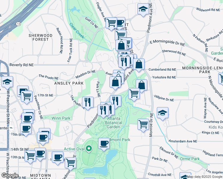 map of restaurants, bars, coffee shops, grocery stores, and more near 224 Westminster Drive Northeast in Atlanta