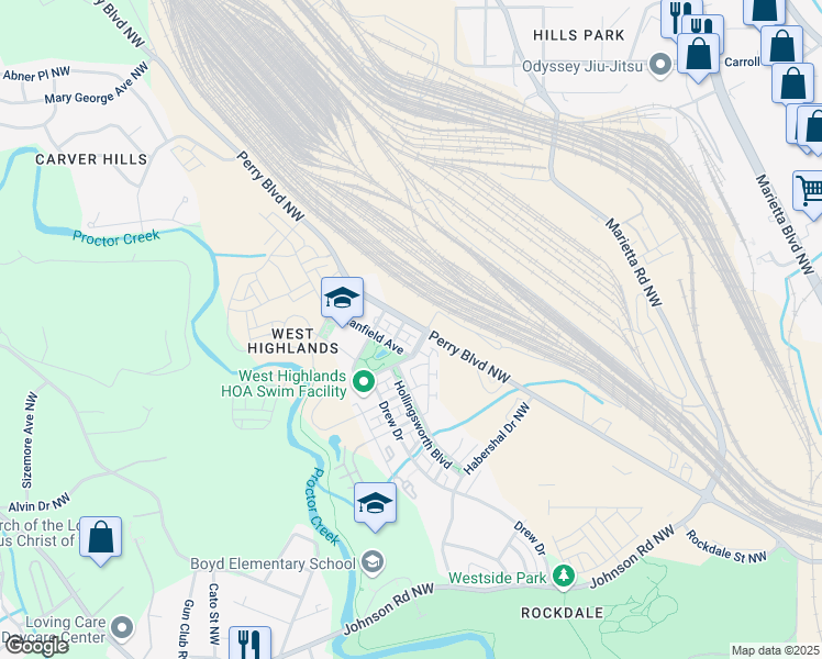map of restaurants, bars, coffee shops, grocery stores, and more near 1858 Perry Boulevard Northwest in Atlanta
