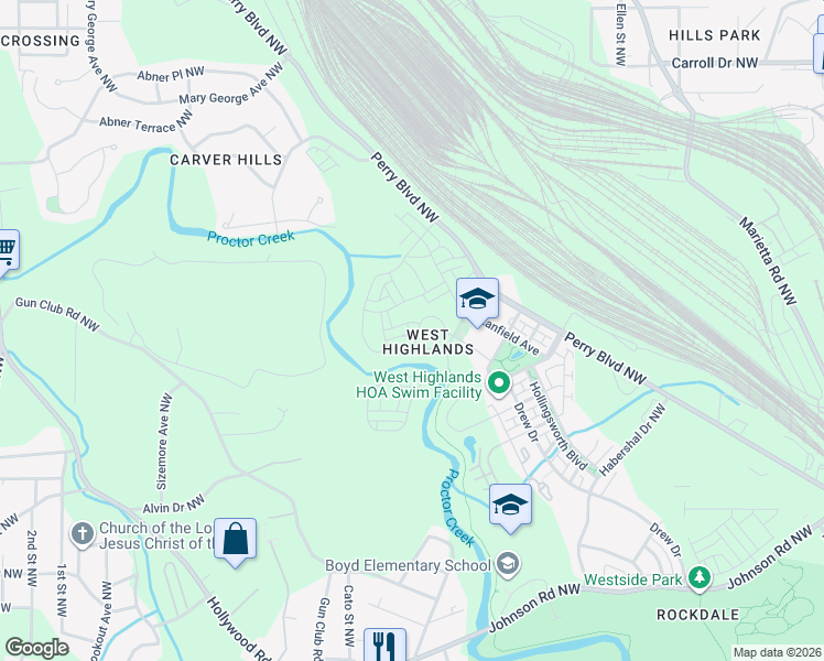 map of restaurants, bars, coffee shops, grocery stores, and more near 1954 Drew Drive in Atlanta