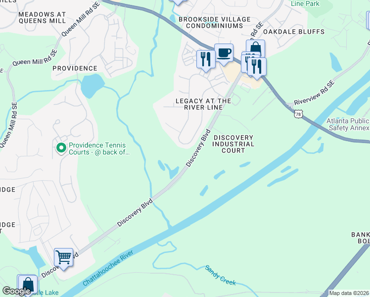map of restaurants, bars, coffee shops, grocery stores, and more near 6436 Century Park Place in Mableton