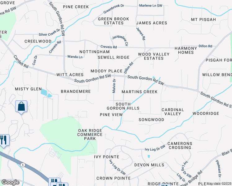 map of restaurants, bars, coffee shops, grocery stores, and more near 6595 Malvin Drive in Austell