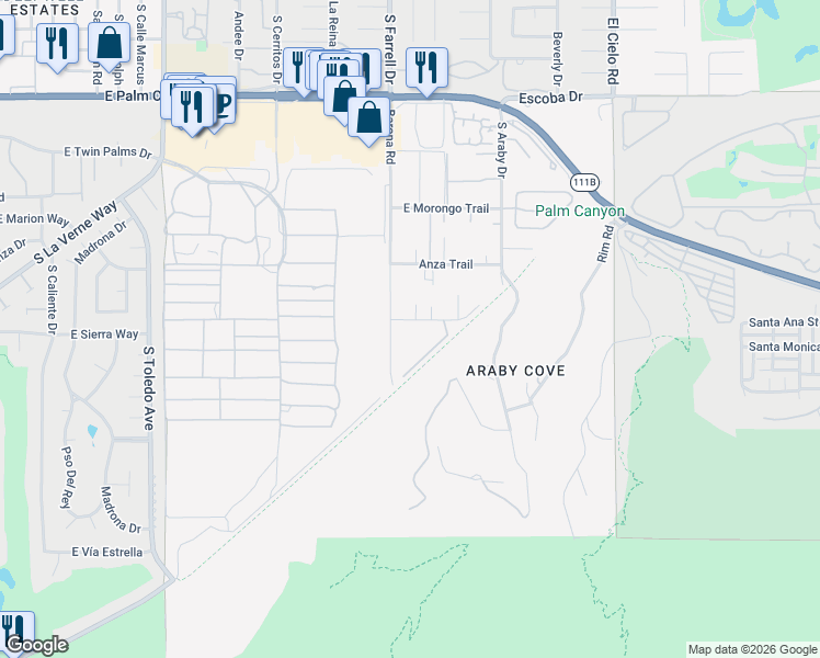 map of restaurants, bars, coffee shops, grocery stores, and more near 2515 East Jacaranda Road in Palm Springs