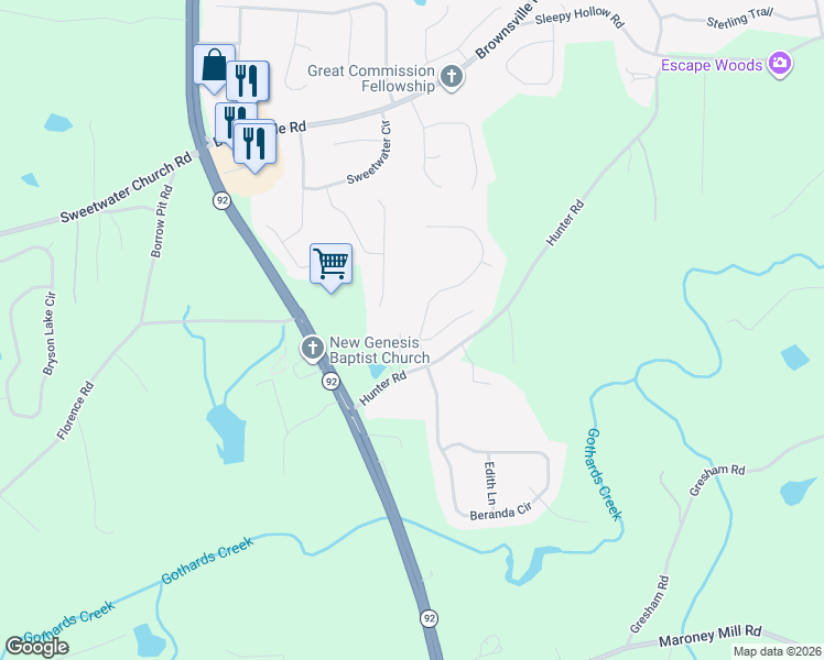 map of restaurants, bars, coffee shops, grocery stores, and more near 141 Hunter Road in Douglasville