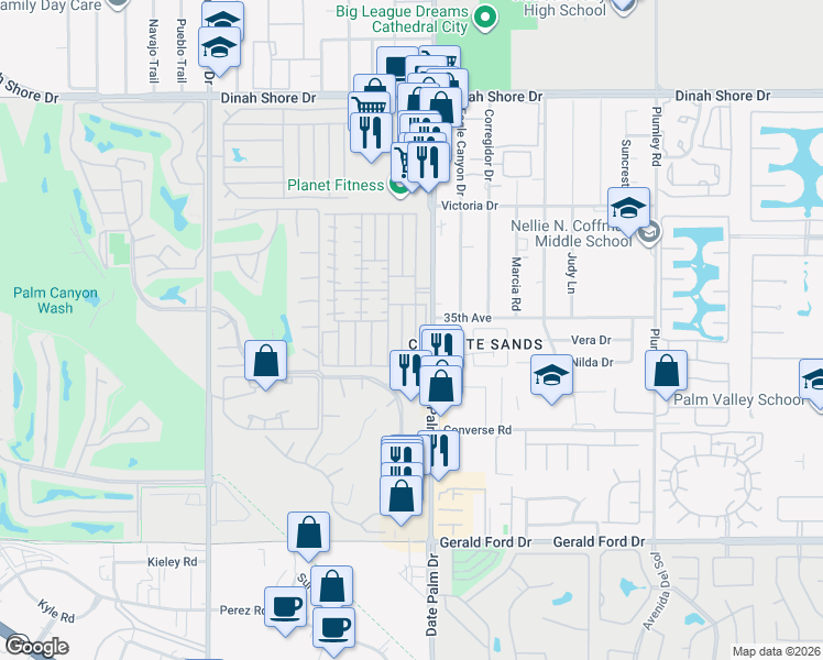 map of restaurants, bars, coffee shops, grocery stores, and more near 248 Standing Bear in Cathedral City