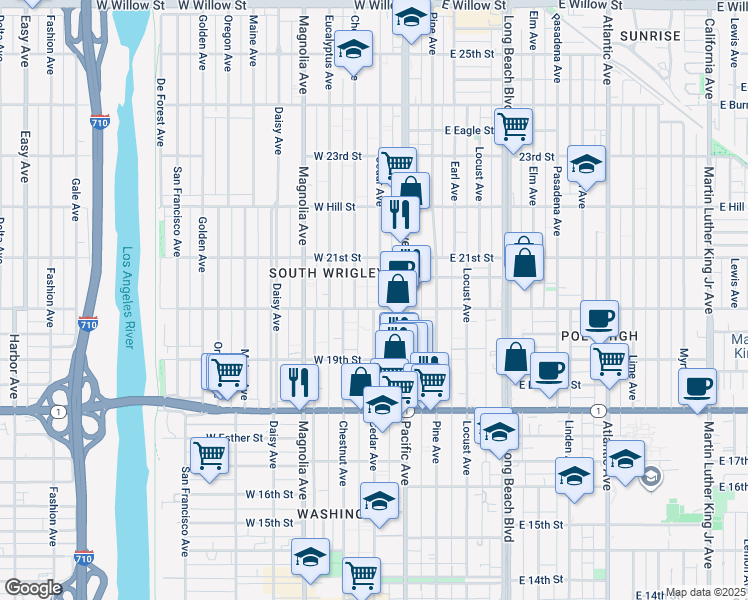 map of restaurants, bars, coffee shops, grocery stores, and more near 2011 Cedar Avenue in Long Beach