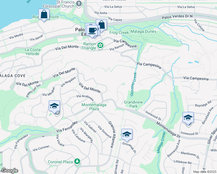map of restaurants, bars, coffee shops, grocery stores, and more near 981 Via Rincon in Palos Verdes Estates