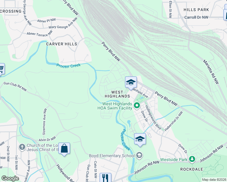 map of restaurants, bars, coffee shops, grocery stores, and more near 1954 Drew Drive in Atlanta