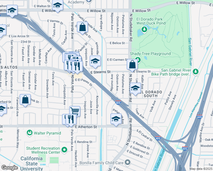 map of restaurants, bars, coffee shops, grocery stores, and more near 2125 Vuelta Grande Avenue in Long Beach