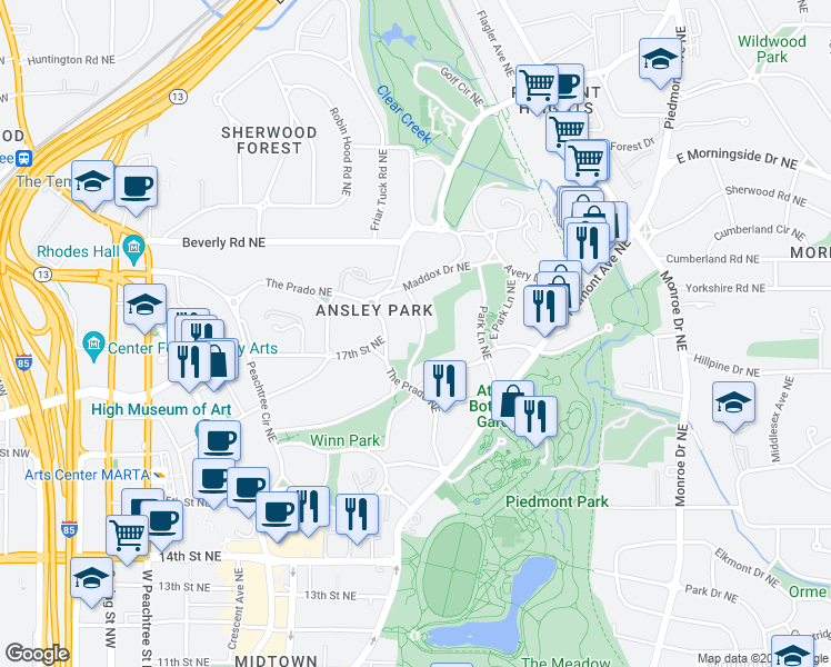 map of restaurants, bars, coffee shops, grocery stores, and more near 140 Barksdale Drive Northeast in Atlanta