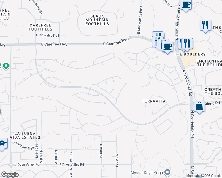 map of restaurants, bars, coffee shops, grocery stores, and more near 33938 North 66th Way in Scottsdale