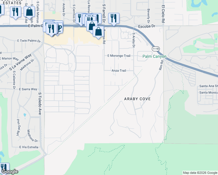 map of restaurants, bars, coffee shops, grocery stores, and more near 2515 East Jacaranda Road in Palm Springs