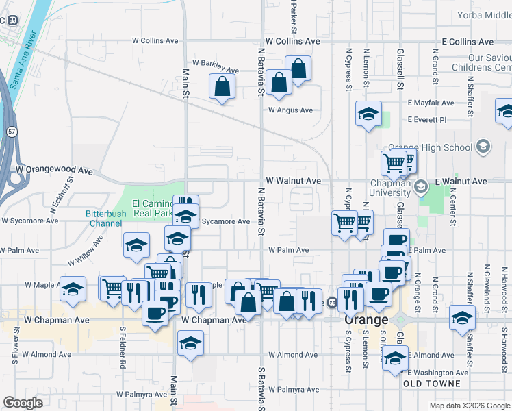 map of restaurants, bars, coffee shops, grocery stores, and more near 409 North Citrus Street in Orange