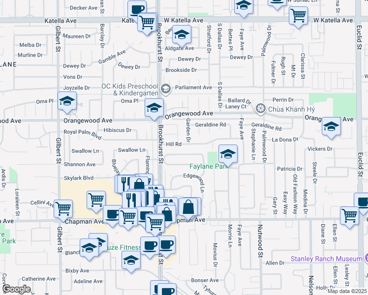 map of restaurants, bars, coffee shops, grocery stores, and more near 10091 McMichael Drive in Garden Grove