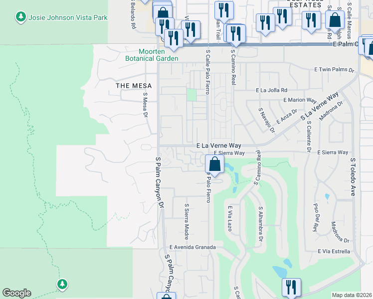 map of restaurants, bars, coffee shops, grocery stores, and more near 2102 South Vía Mazatlan in Palm Springs