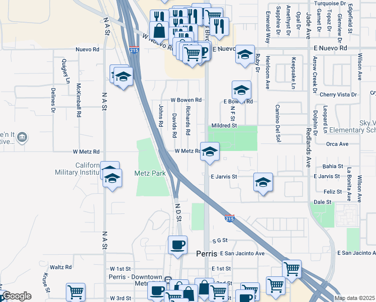 map of restaurants, bars, coffee shops, grocery stores, and more near Richards Road in Perris