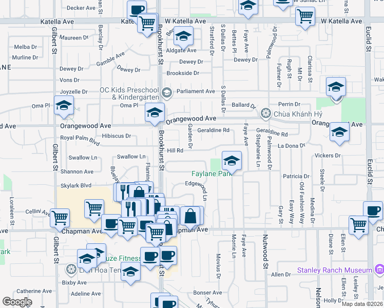map of restaurants, bars, coffee shops, grocery stores, and more near 10171 McMichael Drive in Garden Grove