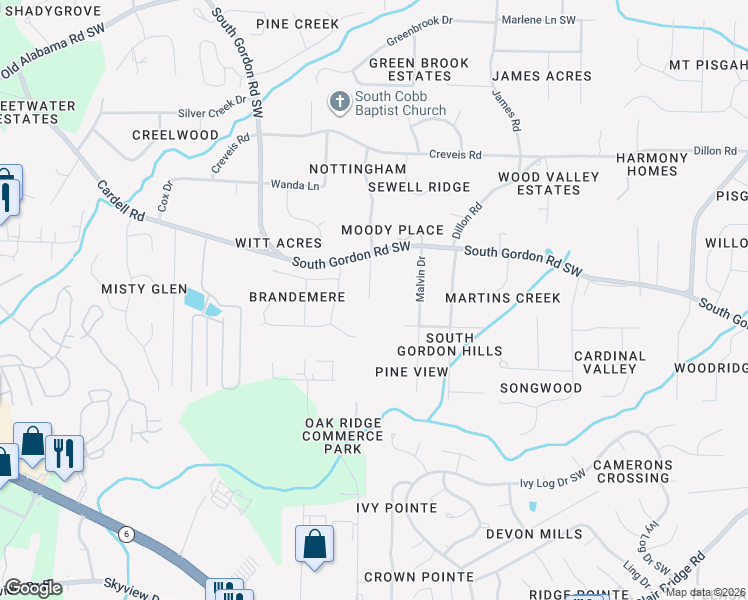 map of restaurants, bars, coffee shops, grocery stores, and more near 6593 Dunwoody Trail in Austell