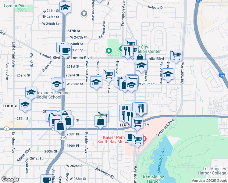 map of restaurants, bars, coffee shops, grocery stores, and more near 1340 254th Street in Los Angeles