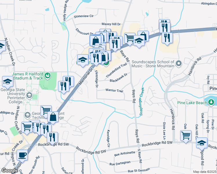 map of restaurants, bars, coffee shops, grocery stores, and more near 4080 Warrior Trail in Stone Mountain