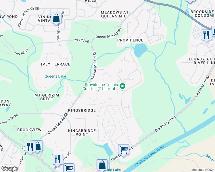 map of restaurants, bars, coffee shops, grocery stores, and more near 889 Bishops Run Lane in Mableton