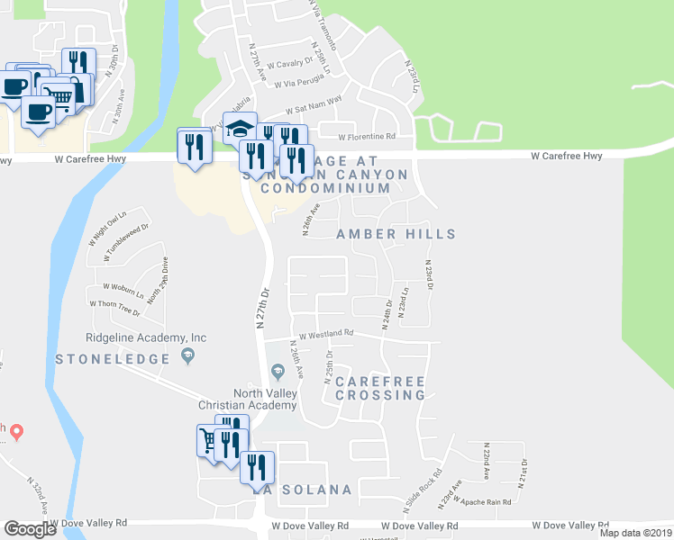 map of restaurants, bars, coffee shops, grocery stores, and more near 2520 West Amber Sun Drive in Phoenix