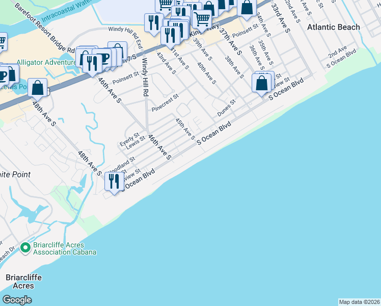 map of restaurants, bars, coffee shops, grocery stores, and more near 4515 South Ocean Boulevard in North Myrtle Beach