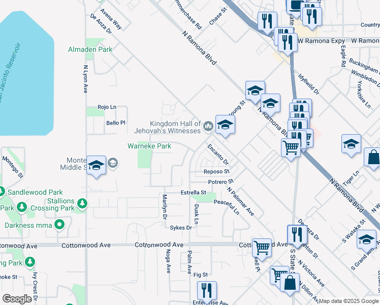 map of restaurants, bars, coffee shops, grocery stores, and more near 551 Hazeldell Avenue in San Jacinto