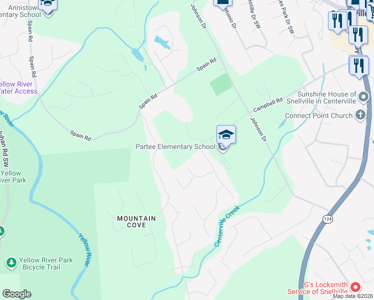 map of restaurants, bars, coffee shops, grocery stores, and more near 4429 Campbell Road in Snellville
