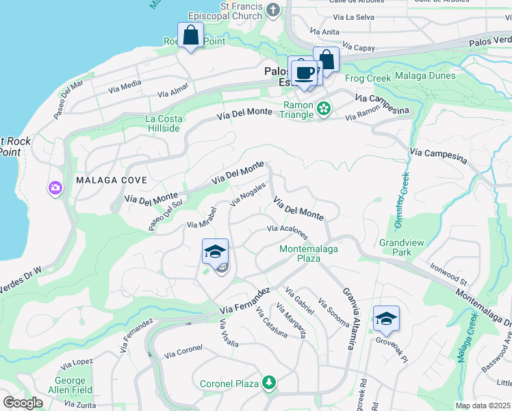 map of restaurants, bars, coffee shops, grocery stores, and more near 2233 Vía Guadalana in Palos Verdes Estates