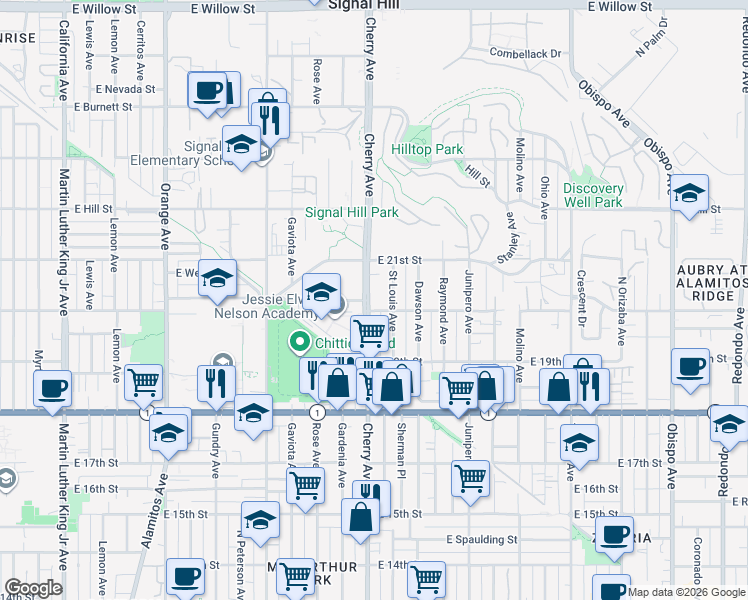 map of restaurants, bars, coffee shops, grocery stores, and more near 2012 Cherry Avenue in Signal Hill