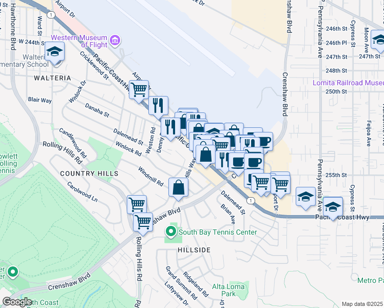 map of restaurants, bars, coffee shops, grocery stores, and more near 2815 Danaha Street in Torrance