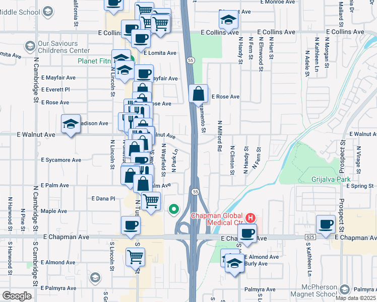 map of restaurants, bars, coffee shops, grocery stores, and more near 2049 East Mount Vernon Avenue in Orange