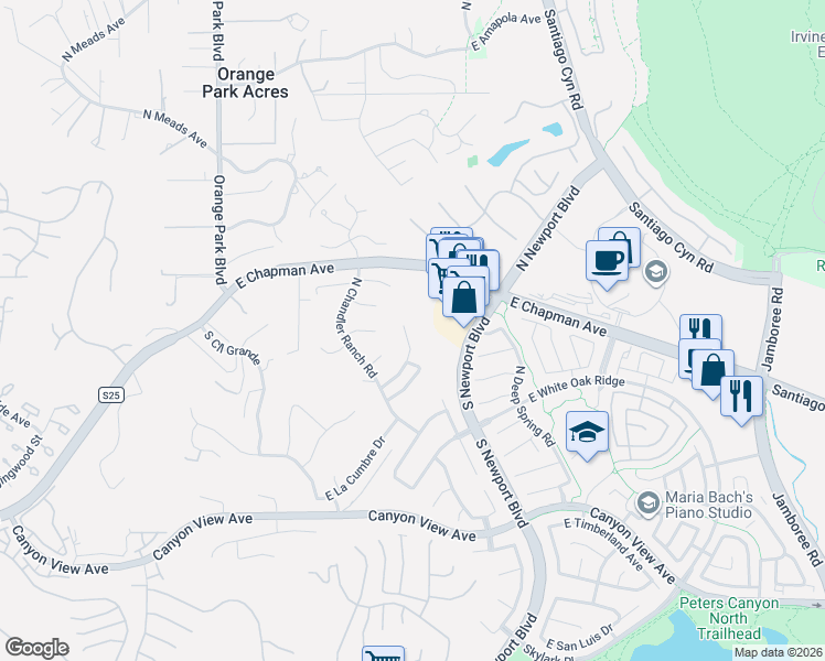 map of restaurants, bars, coffee shops, grocery stores, and more near 7341 East Saddlehorn Way in Orange