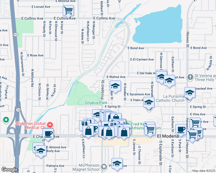 map of restaurants, bars, coffee shops, grocery stores, and more near 3331 East Carnegie Lane in Orange