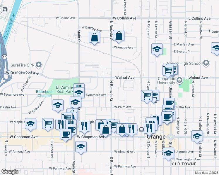 map of restaurants, bars, coffee shops, grocery stores, and more near 409 North Citrus Street in Orange