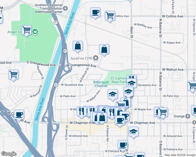 map of restaurants, bars, coffee shops, grocery stores, and more near 419 North Cedar Street in Orange