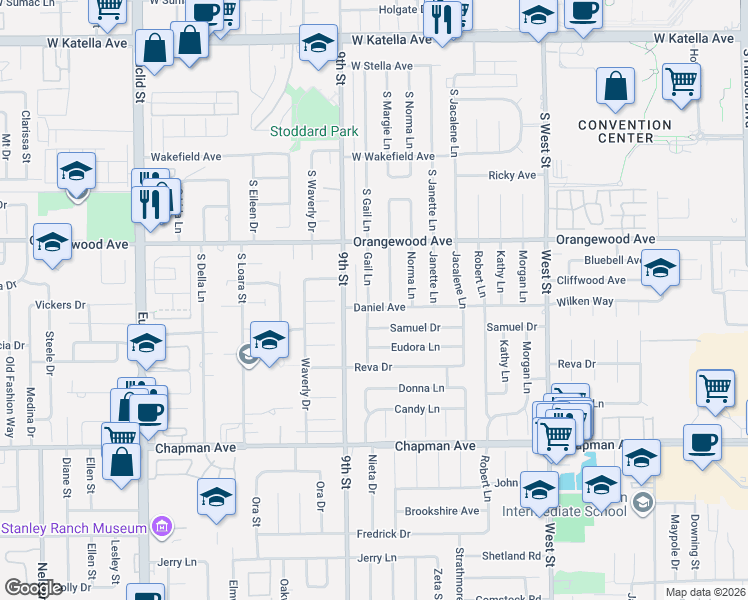 map of restaurants, bars, coffee shops, grocery stores, and more near 11562 Daniel Avenue in Garden Grove