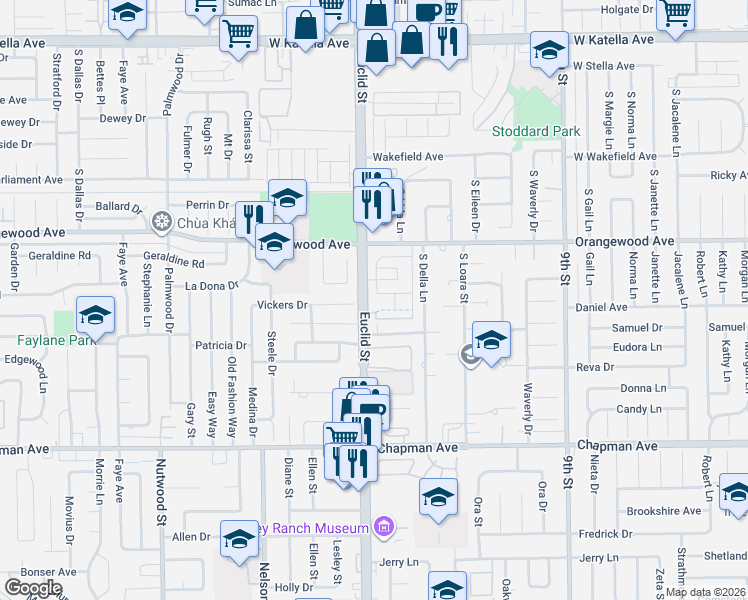 map of restaurants, bars, coffee shops, grocery stores, and more near 1682 West Recreo Plaza in Anaheim