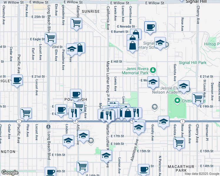 map of restaurants, bars, coffee shops, grocery stores, and more near 1003a East 20th Street in Long Beach
